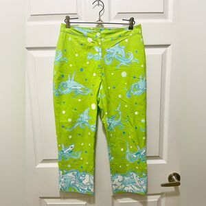 Vintage Lilly Pulitzer Women’s Pants Aquatic Sharks Fish Size 6 Green Blue